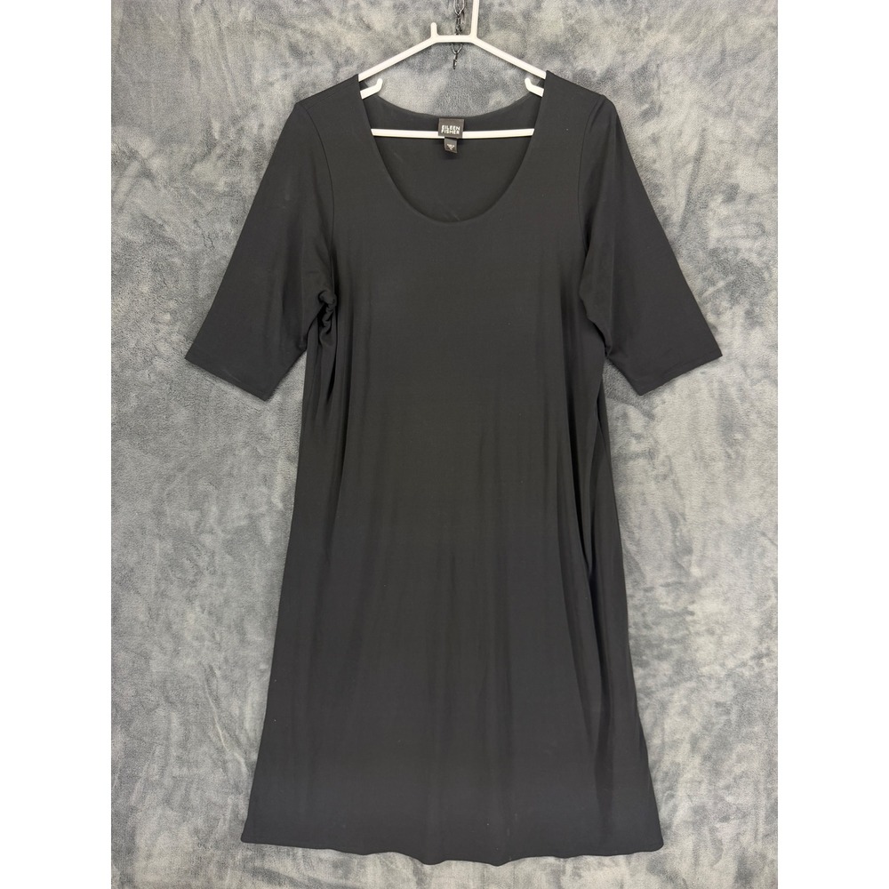 Eileen Fisher Womens XL Black Jersey Knit Scoop Neck Elbow Sleeve Midi Dress